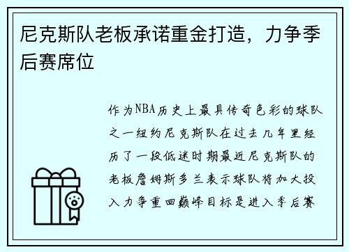 尼克斯队老板承诺重金打造，力争季后赛席位